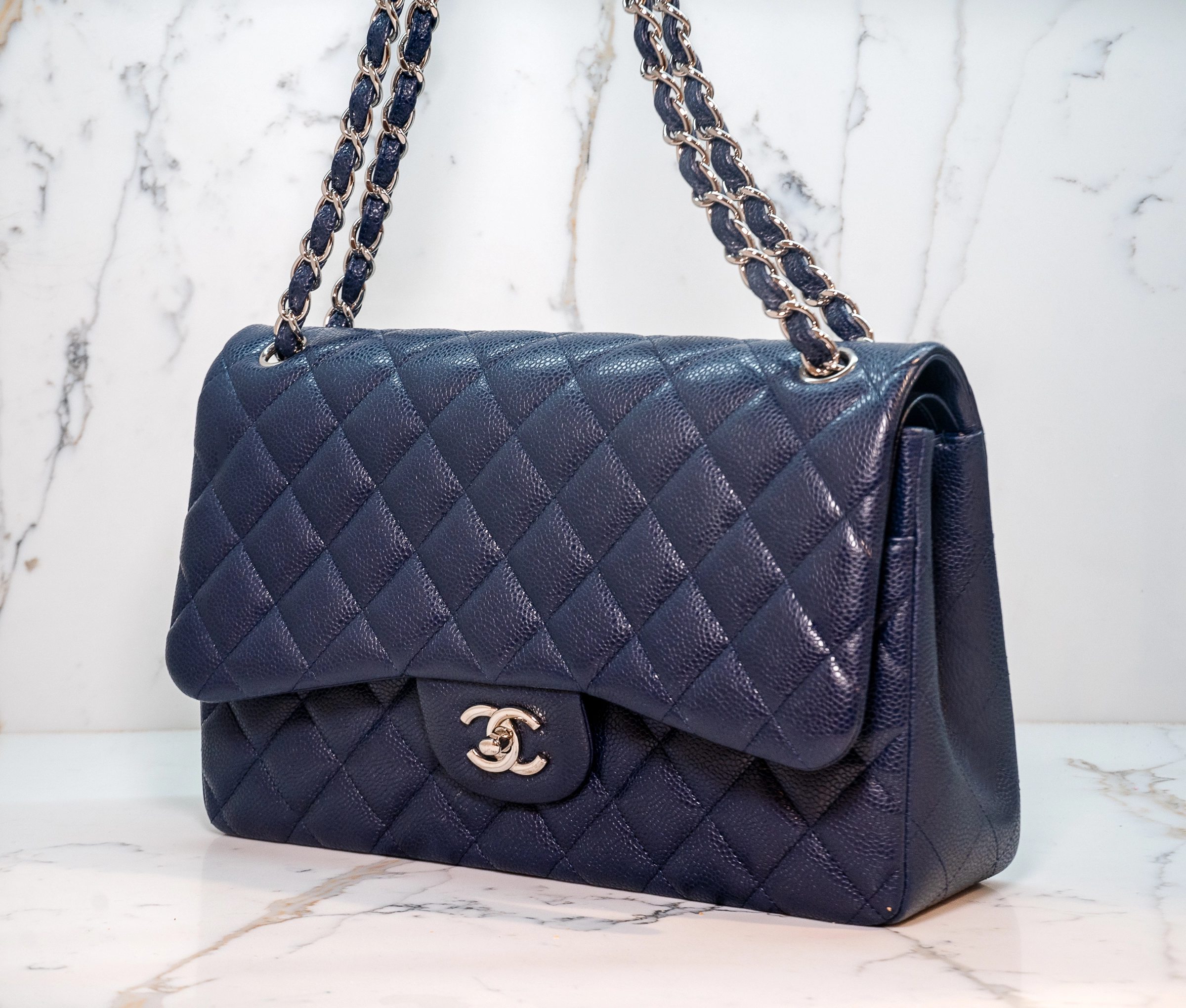 Chanel Navy Blue Caviar Quilted Double Flag Bag - Image 2