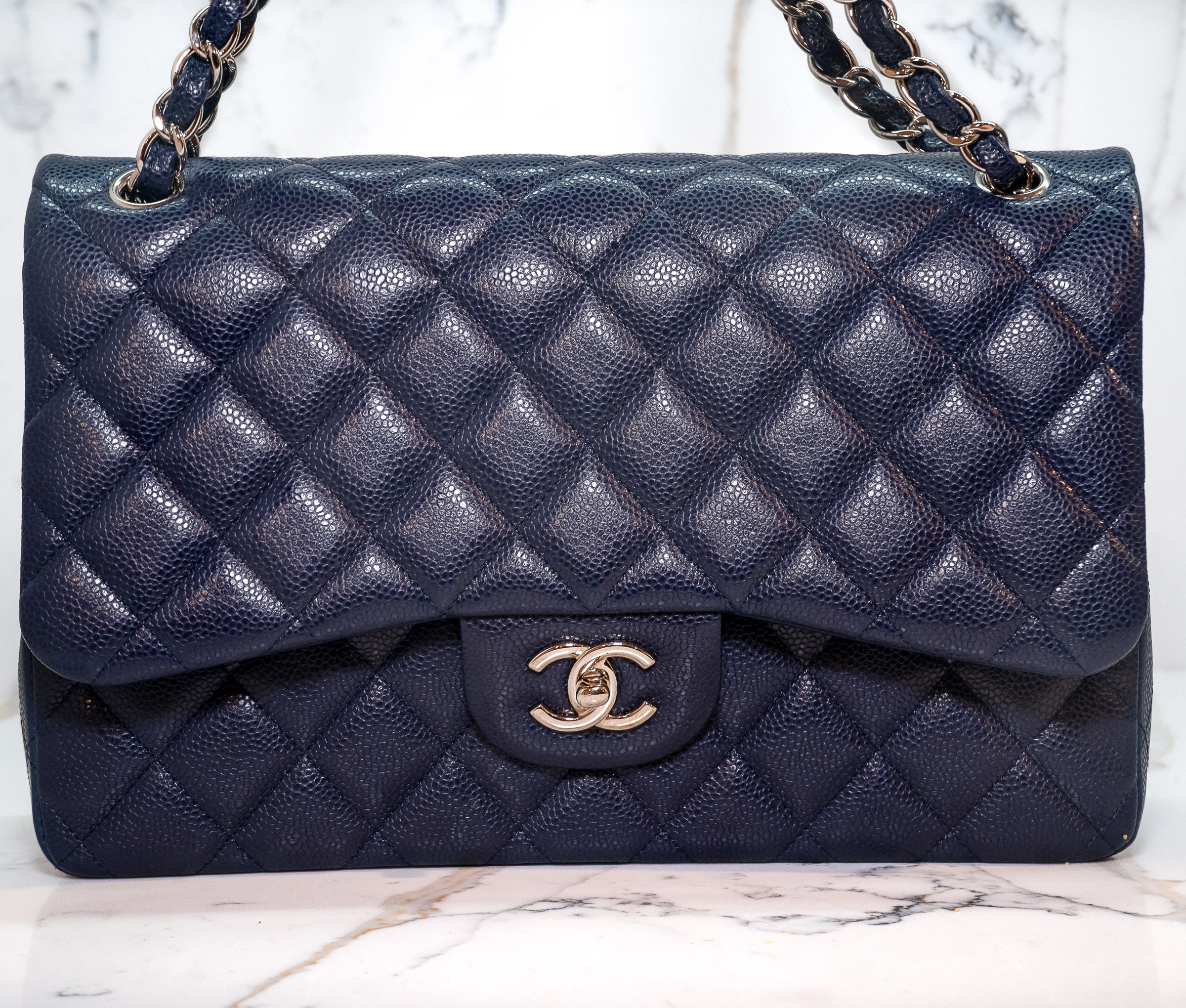 Chanel Navy Blue Caviar Quilted Double Flag Bag - Image 3