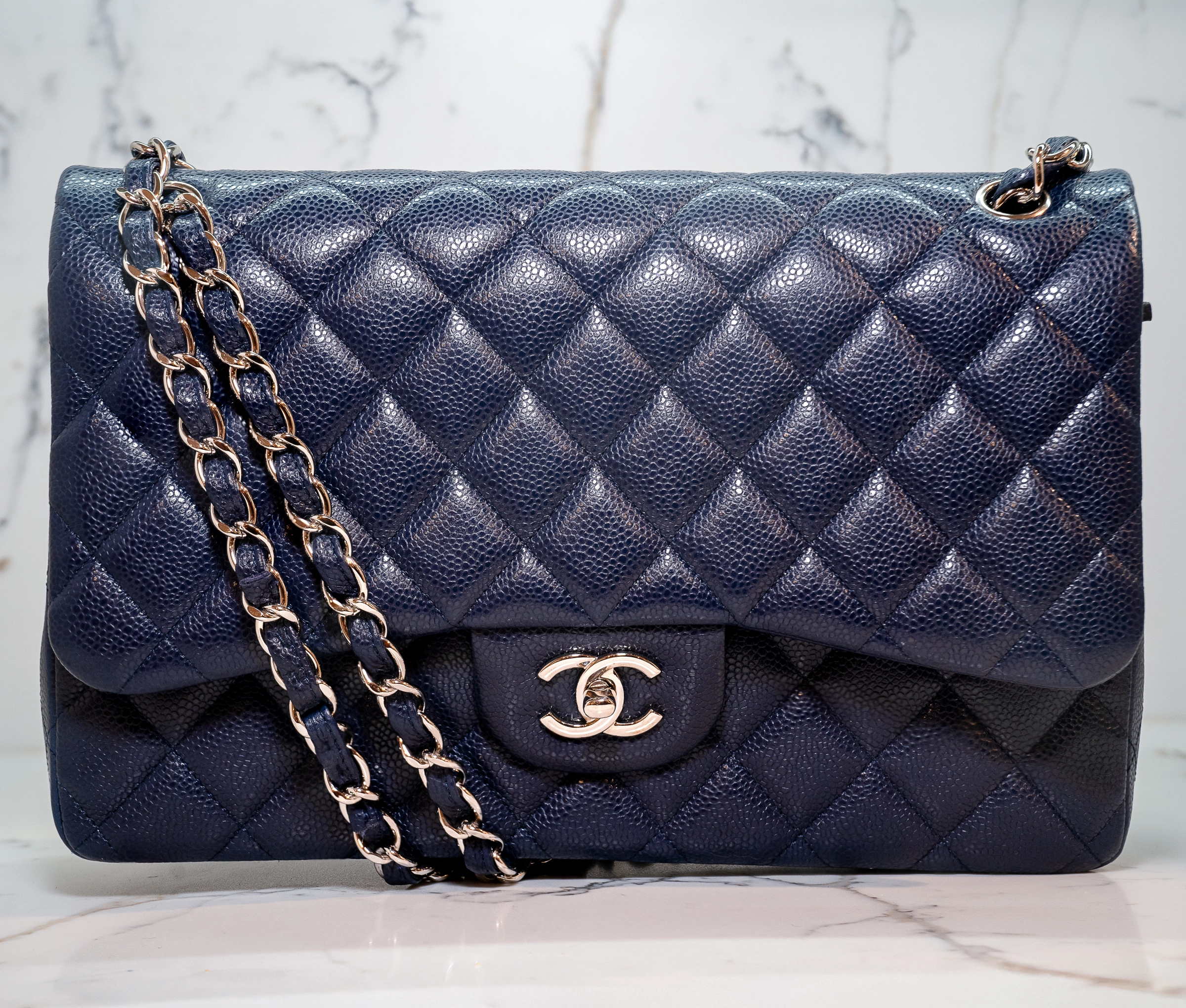 Chanel Navy Blue Caviar Quilted Double Flag Bag - Image 4
