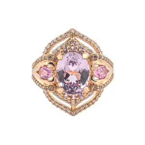 14K Yellow Gold Kunzite , Diamond and Natural Pink Sapphire Ornate Ring