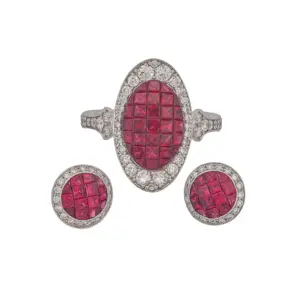 18K White Gold Natural Ruby & Diamond Ring & Earring Set