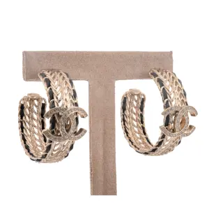 Chanel Crystal Lambskin CC Double Chain Hoop Earrings Gold Black
