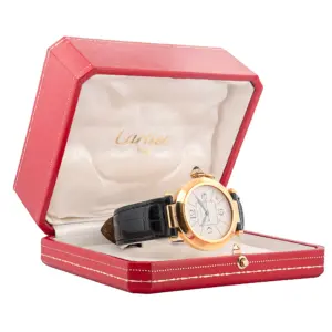18k yellow gold Cartier Pasha, auto, 38mm, on Croc strap with 18k Tang buckle.
