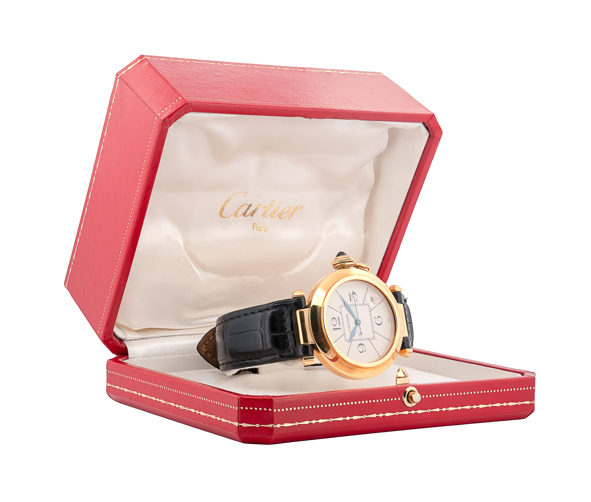 18k yellow gold Cartier Pasha, auto, 38mm, on Croc strap with 18k Tang buckle.